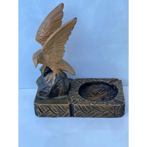 Vintage Wooden Eagle Hand Carved Bird Cigarette Ashtray Figure Brown 4"x 7.5" - Picture 5 of 16